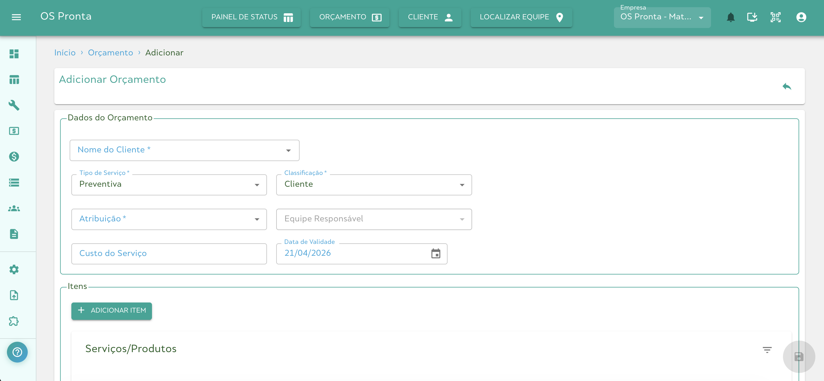 Adicionar Orçamento