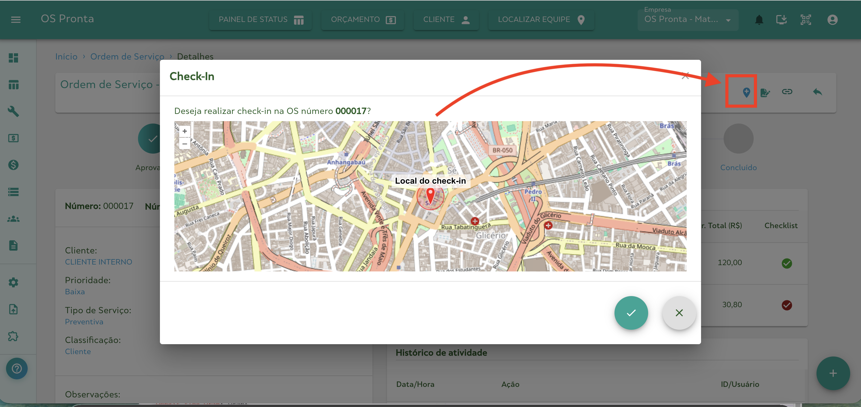 Check-in na tela de Detalhes da OS