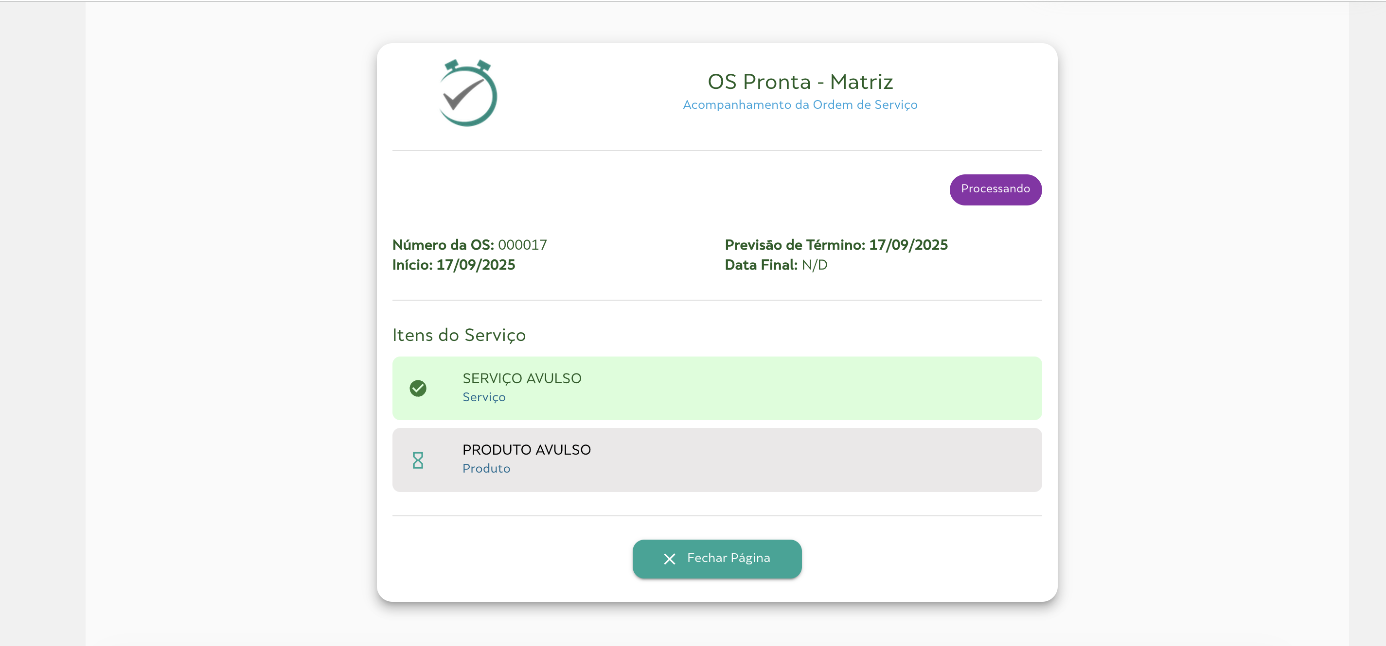 Página de Acompanhamento da OS