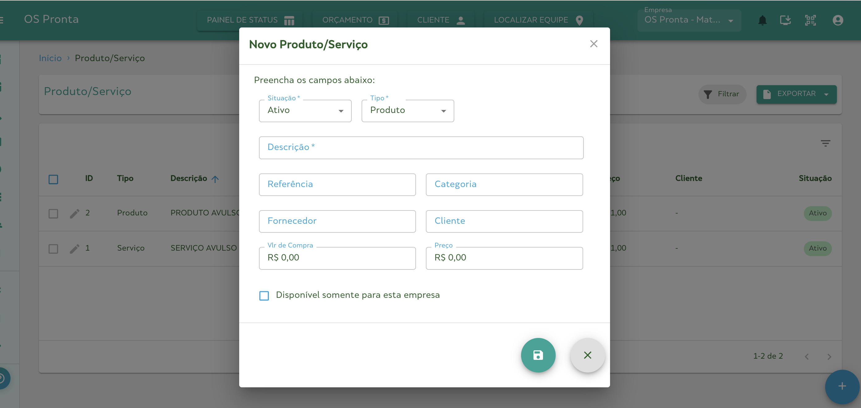 Criar Produto/Serviço