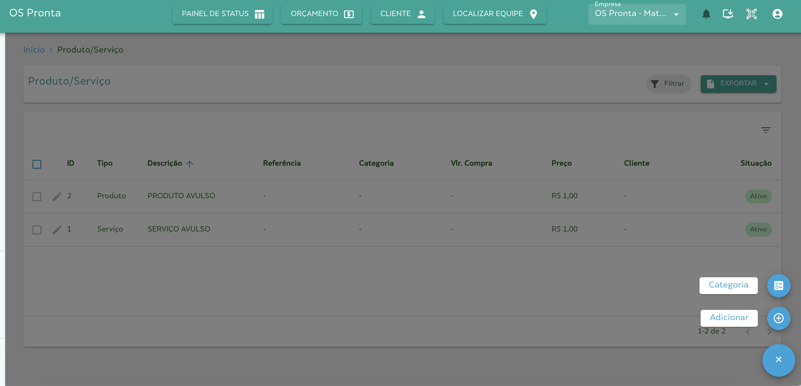 Categorias de Produtos/Serviços