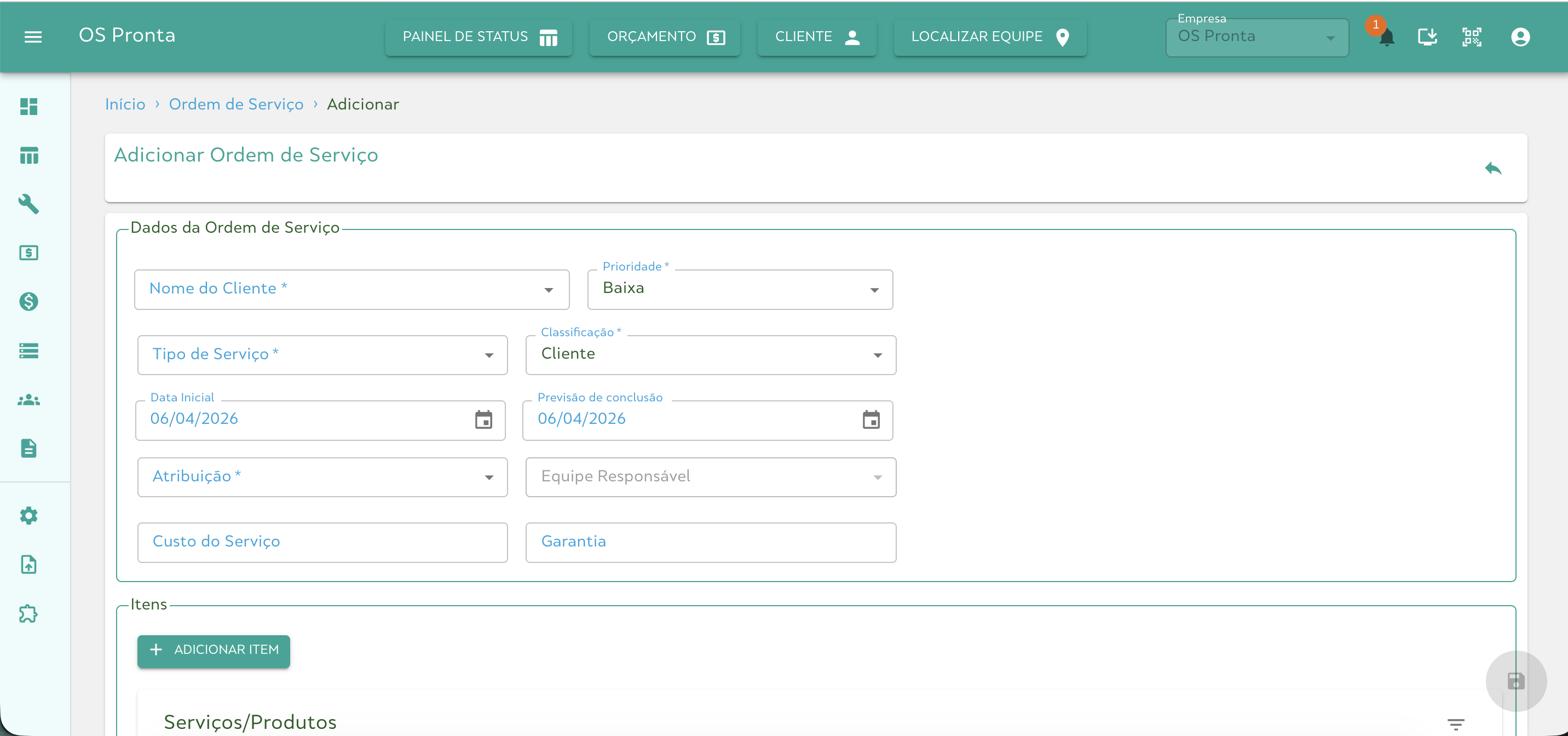 Criar Ordem de Serviço
