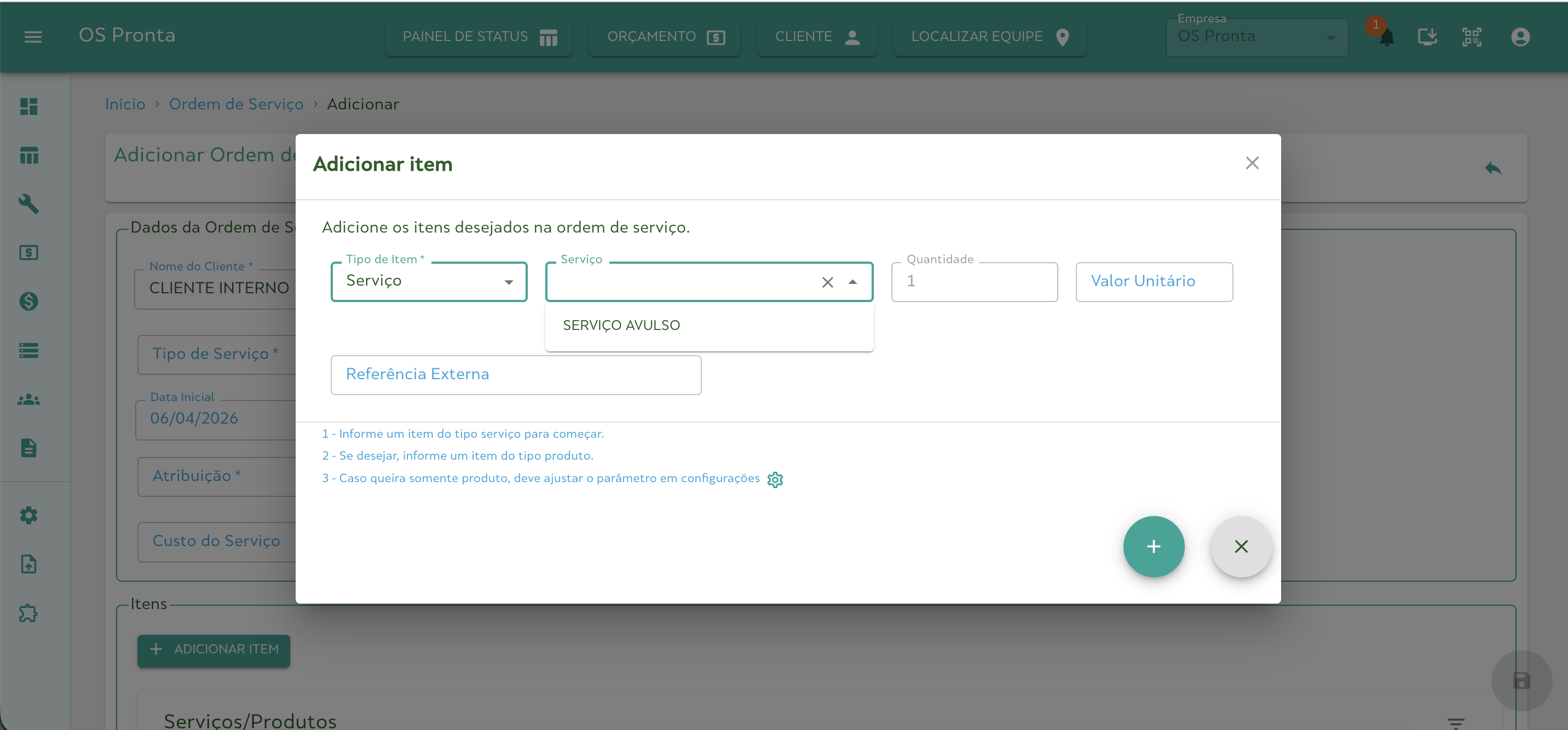 Criar Ordem de Serviço