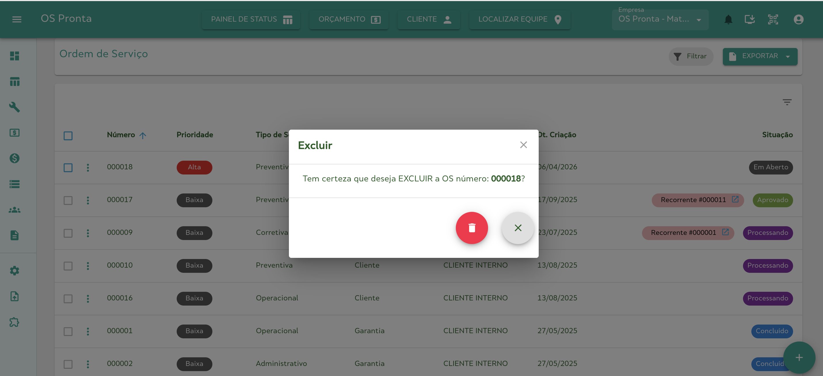 Excluir Ordem de Serviço